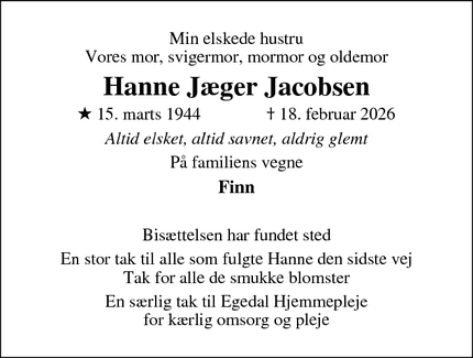 Dødsannoncen for Hanne J&aelig;ger Jacobsen - Ølstykke
