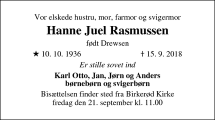 Dødsannoncen for Hanne Juel Rasmussen - Birkerod