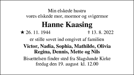 Dødsannoncen for Hanne Kaasing - Stenløse