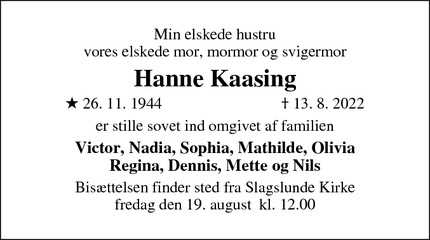 Dødsannoncen for Hanne Kaasing - Stenløse