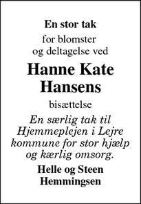 Taksigelsen for Hanne Kate Hansens - Kirke Hyllinge