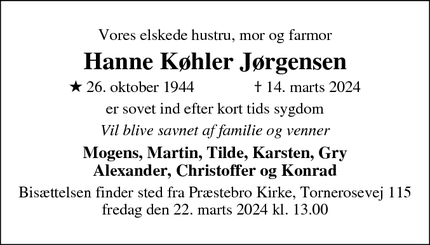 Dødsannoncen for Hanne Køhler Jørgensen - Herlev