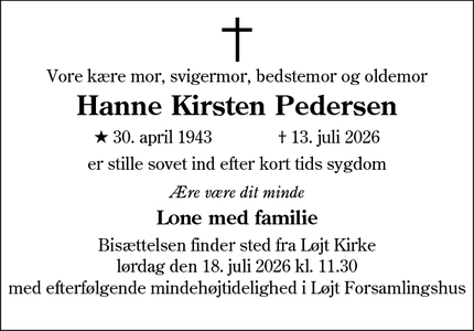 Dødsannoncen for Hanne Kirsten Pedersen - Uldum