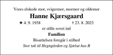 Dødsannoncen for Hanne Kjærsgaard - Birkerød