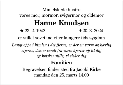 Dødsannoncen for Hanne Knudsen - Varde