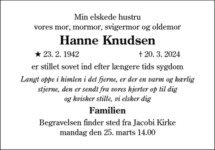Dødsannoncen for Hanne Knudsen - Varde