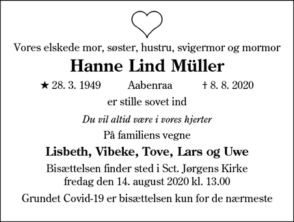 Dødsannoncen for Hanne Lind Müller - Hobro