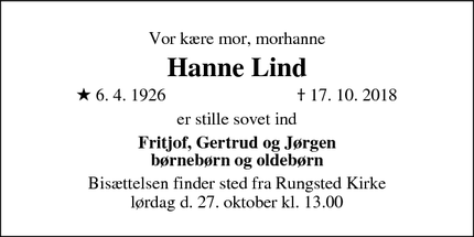 Dødsannoncen for Hanne Lind - Rungsted