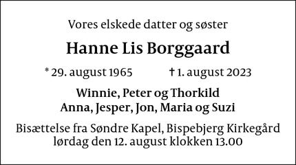 Dødsannoncen for Hanne Lis Borggaard - København