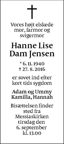 Dødsannoncen for Hanne Lise Dam Jensen - Gentofte