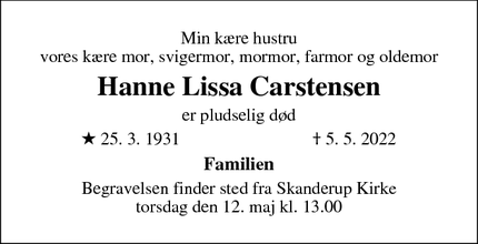 Dødsannoncen for Hanne Lissa Carstensen - Skanderborg