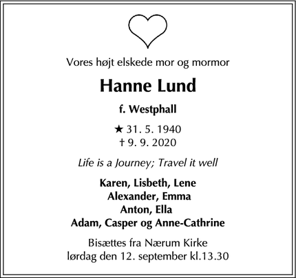 Dødsannoncen for Hanne Lund - 2850 Nærum