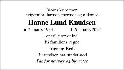 Dødsannoncen for Hanne Lund Knudsen - odense