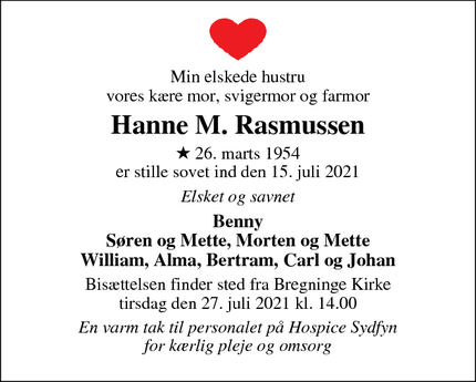 Dødsannoncen for Hanne M. Rasmussen - SVENDBORG