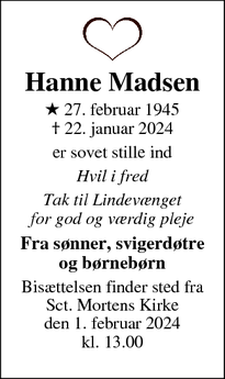 Dødsannoncen for Hanne Madsen - Randers