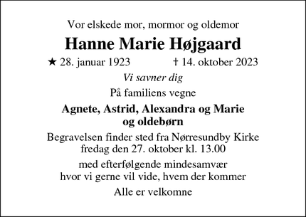 Dødsannoncen for Hanne Marie Højgaard - Aalborg