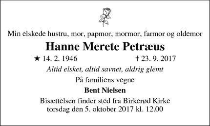 Dødsannoncen for Hanne Merete Petræus - Birkerød