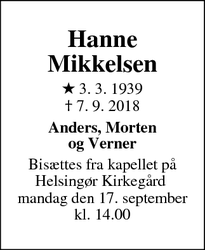 Dødsannoncen for Hanne Mikkelsen - Helsingør