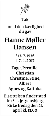 Dødsannoncen for Hanne Møller Hansen  - Roskilde