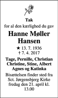 Dødsannoncen for Hanne Møller Hansen  - Roskilde