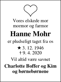 Dødsannoncen for Hanne Mohr - Odense