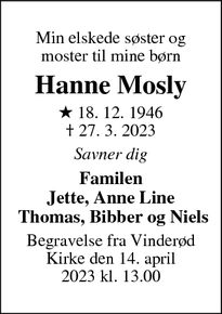 Dødsannoncen for Hanne Mosly - Frederiksværk
