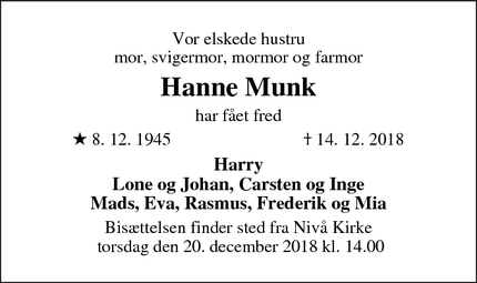 Dødsannoncen for Hanne Munk - Kokkedal