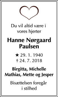 Dødsannoncen for Hanne Nørgaard Paulsen - Frederiksberg, Denmark
