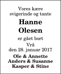 Dødsannoncen for Hanne Olesen - Vrå