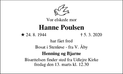 Dødsannoncen for Hanne Poulsen - Ølstykke