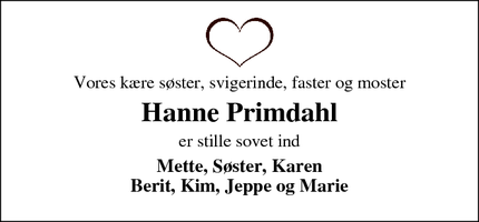 Dødsannoncen for Hanne Primdahl - Rødding, Spøttrup