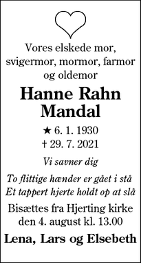 Dødsannoncen for Hanne Rahn Mandal - Hjerting/Esbjerg