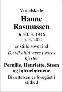 Dødsannoncen for Hanne Rasmussen - FREDERIKSSUND