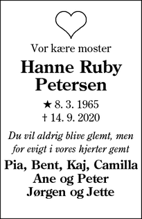 Dødsannoncen for Hanne Ruby
Petersen - Esbjerg