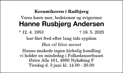 Dødsannoncen for Hanne Rusbjerg Andersen - 4873 Væggerløse