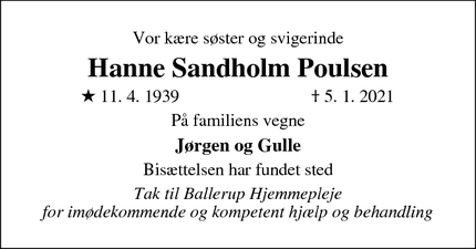 Dødsannoncen for Hanne Sandholm Poulsen - Ballerup