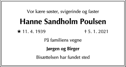 Dødsannoncen for Hanne Sandholm Poulsen - Ballerup