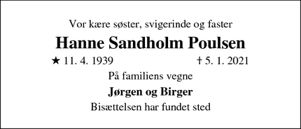Dødsannoncen for Hanne Sandholm Poulsen - Ballerup