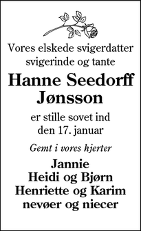 Dødsannoncen for Hanne Seedorff
Jønsson - Tistrup