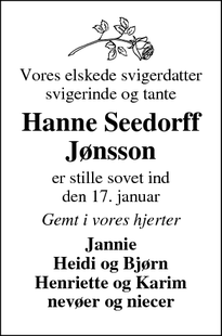 Dødsannoncen for Hanne Seedorff
Jønsson - Tistrup