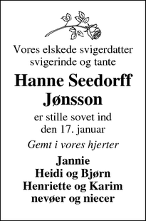 Dødsannoncen for Hanne Seedorff
Jønsson - Tistrup