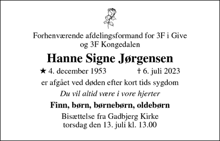 Dødsannoncen for Hanne Signe Jørgensen - Gadbjerg