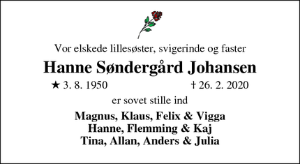 Dødsannoncen for Hanne Søndergård Johansen - næsbjerg