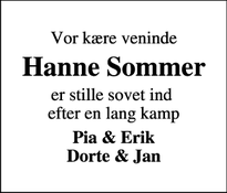 Dødsannoncen for Hanne Sommer - Skalstrup