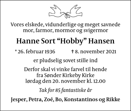Dødsannoncen for Hanne Sort “Hobby” Hansen - Sønder Kirkeby