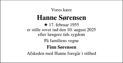 Dødsannoncen for Hanne Sørensen - Roslev
