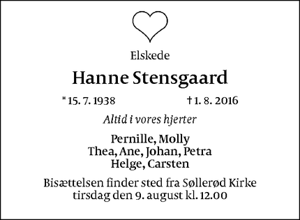Dødsannoncen for Hanne Stensgaard - Nærum
