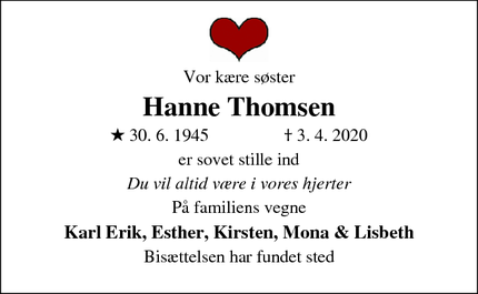 Dødsannoncen for Hanne Thomsen - Suldrup