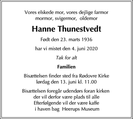 Dødsannoncen for Hanne Thunestvedt - Frederiksberg C
