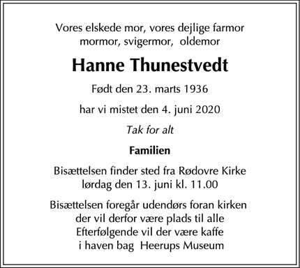 Dødsannoncen for Hanne Thunestvedt - Frederiksberg C